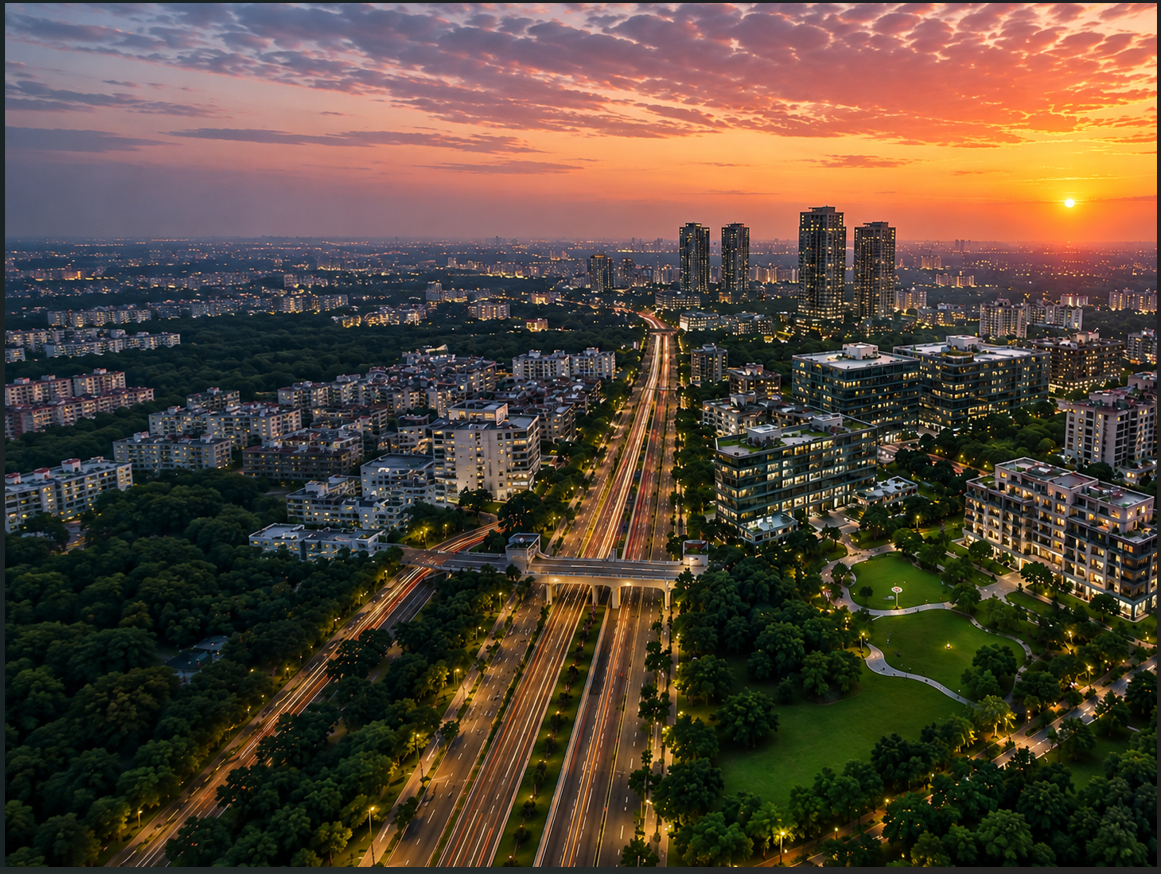 Aerial view of an Indian city with dense residential and commercial development