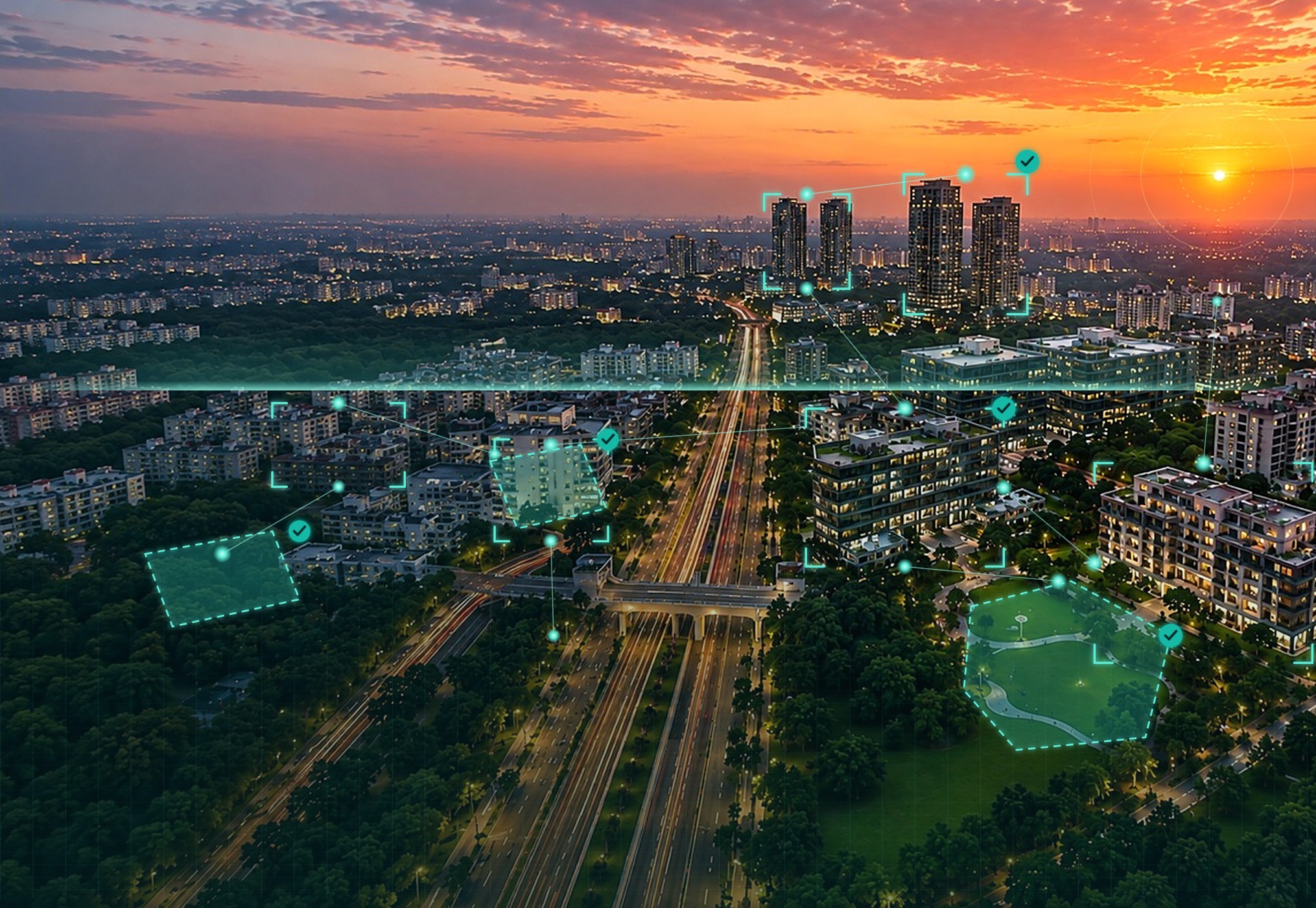 Aerial view of an Indian city with dense residential and commercial development