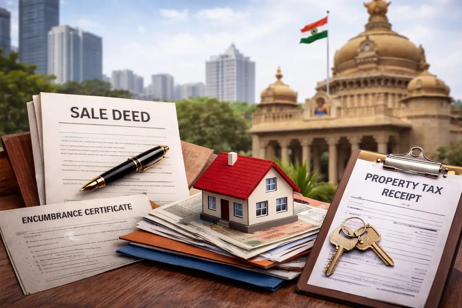 Indian property title deed, encumbrance record, house model and mortgage documentation